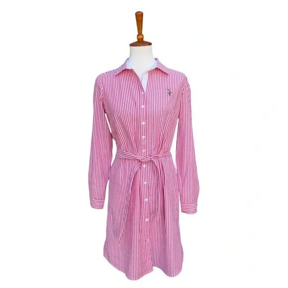 US Polo Assn. Women’s M Raspberry & White Long Sleeve Striped Oxford Shirt Dress - Picture 3 of 12